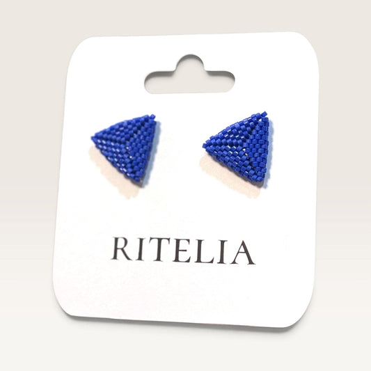 Ritelia handmade blue triangle earrings crafted with Japanese Miyuki beads on a display card