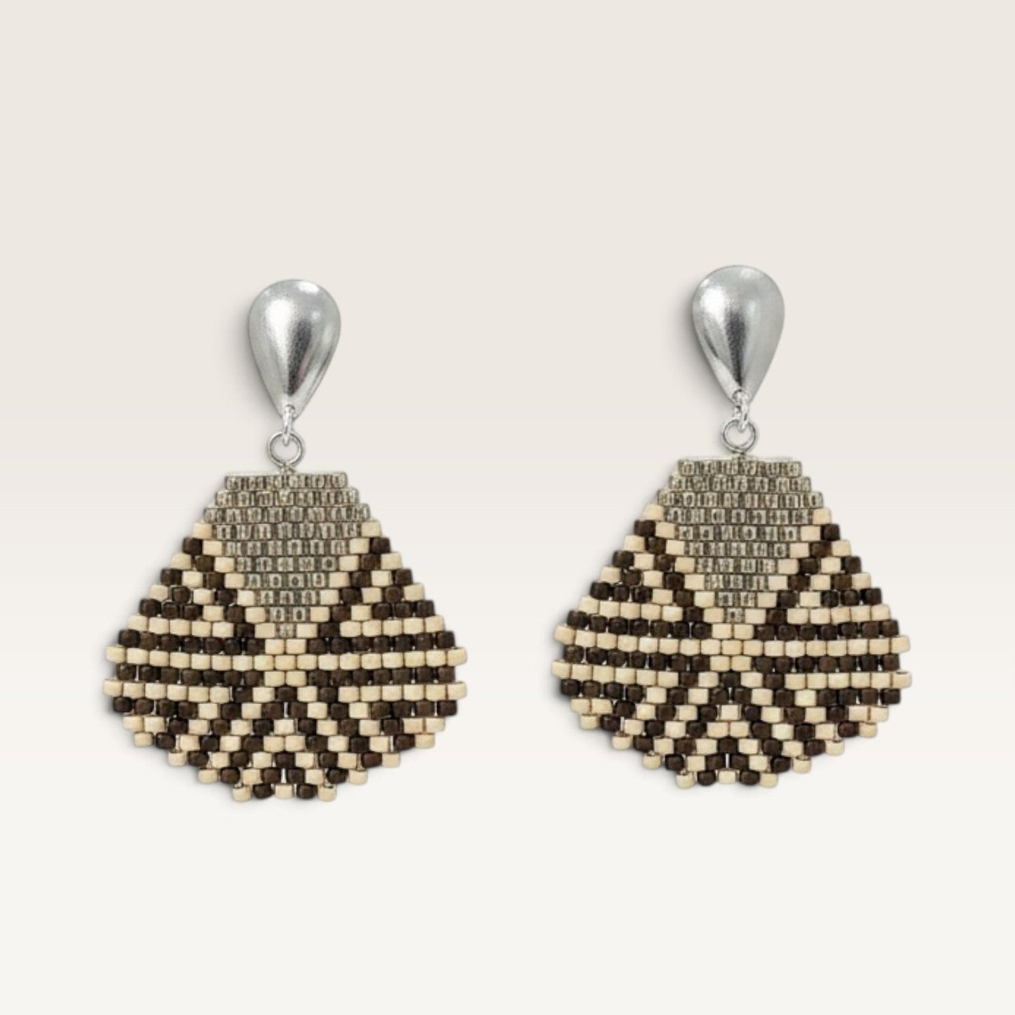 Ritelia Catalina handcrafted drop earrings with brown and cream Japanese Miyuki beads and silver-plated tops.