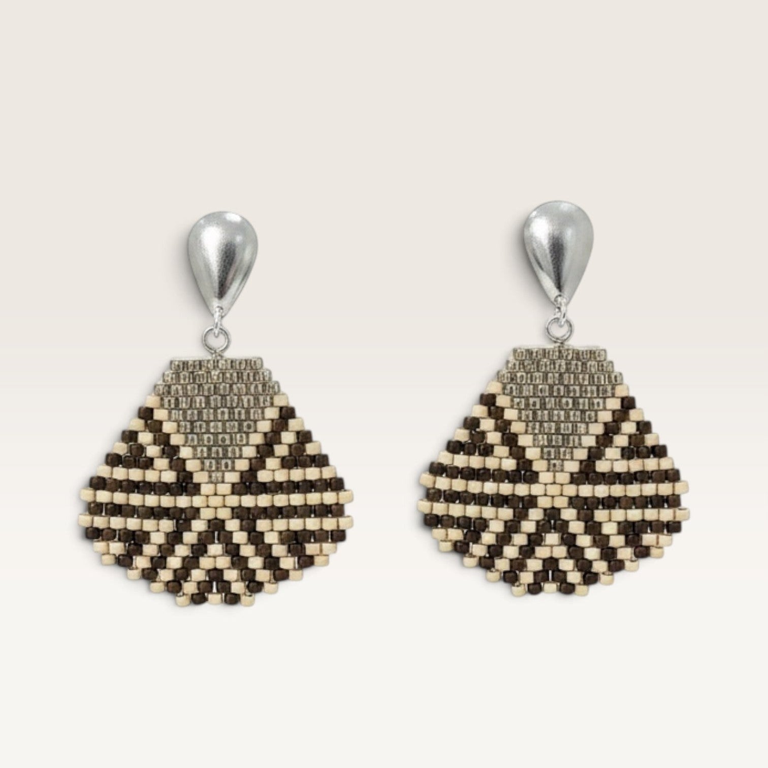 Ritelia Catalina handcrafted drop earrings with brown and cream Japanese Miyuki beads and silver-plated tops.