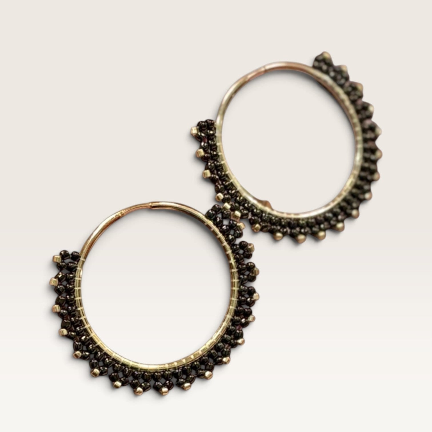 Ritelia Elena hoop earrings in cafe brown Miyuki beads with gold-plated rings, handcrafted artisanal design.