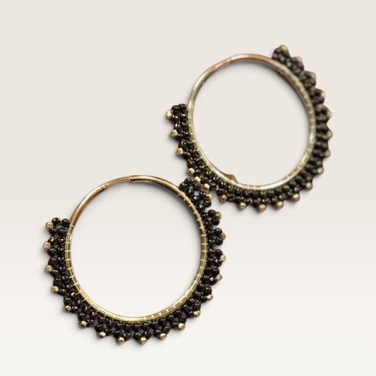 Ritelia Elena hoop earrings in cafe brown Miyuki beads with gold-plated rings, handcrafted artisanal design.