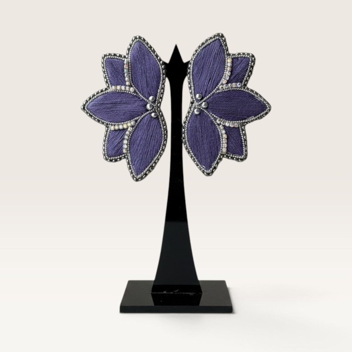 Ritelia Elia purple hand-embroidered floral earrings with intricate beadwork and silver hook closures