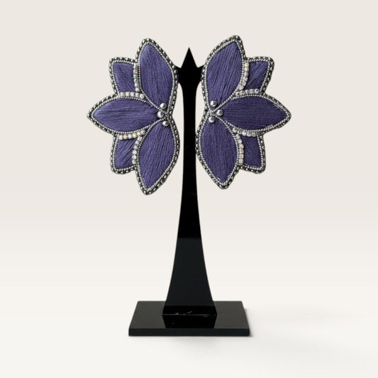 Ritelia Elia purple hand-embroidered floral earrings with intricate beadwork and silver hook closures