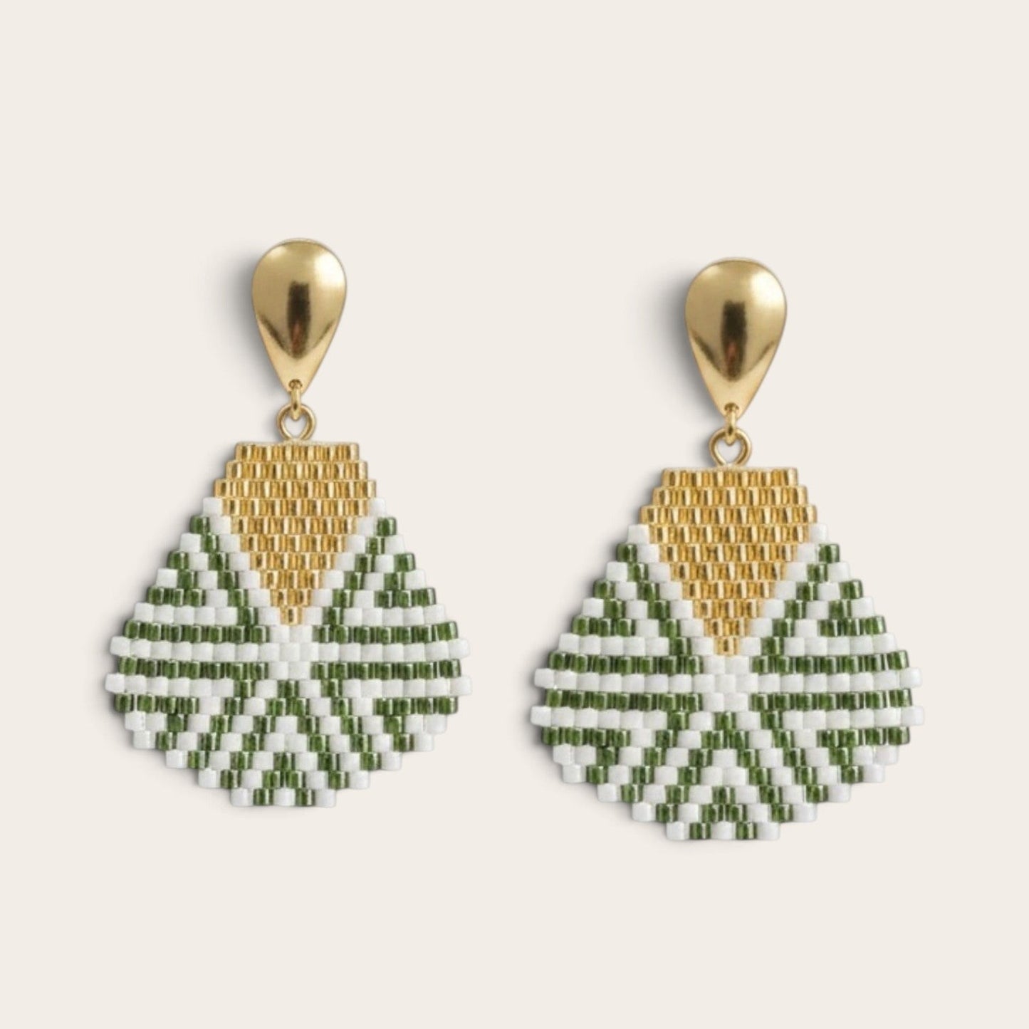 Ritelia handcrafted statement drop earrings featuring geometric Japanese seed beads in gold, olive green, and white.