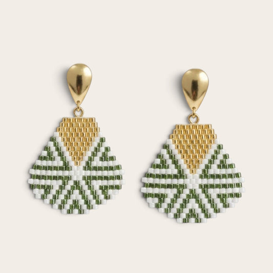 Ritelia handcrafted statement drop earrings featuring geometric Japanese seed beads in gold, olive green, and white.