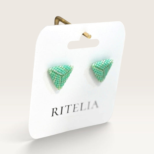 Ritelia handmade jade green triangle stud earrings crafted with Japanese Miyuki beads on a branded display card.