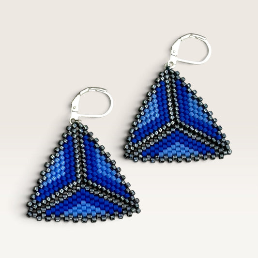 Ritelia Nadia triangular earrings handmade with cobalt blue and black Miyuki Japanese beads and silver hooks.