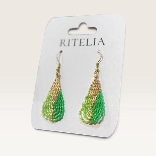 Ritelia Olivia handcrafted drop earrings with lime green, mint, and gold Miyuki beads on a display card.