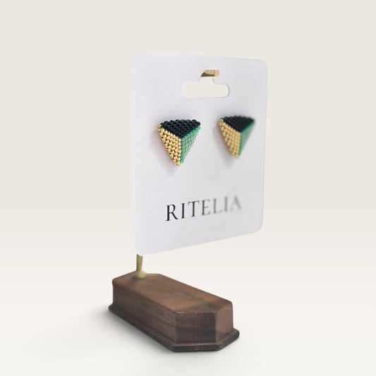 Ritelia Valentina triangle earrings handmade with black, mint green, and gold Miyuki beads on a display card.