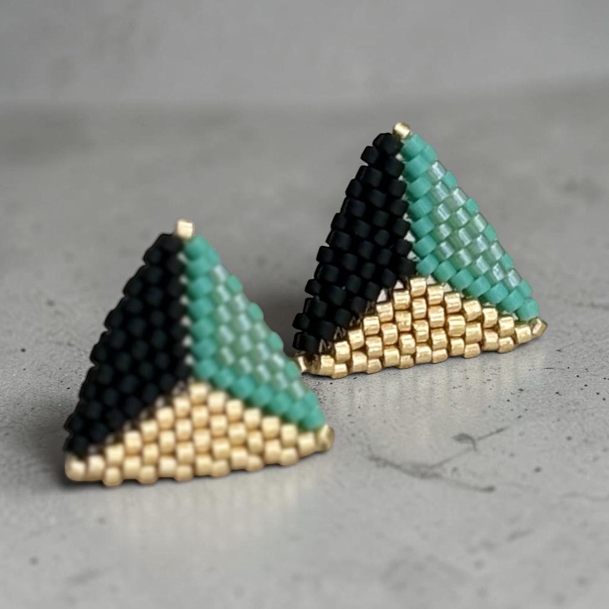 Ritelia Valentina triangle earrings handmade with black, mint green, and gold Miyuki Japanese beads on stainless steel